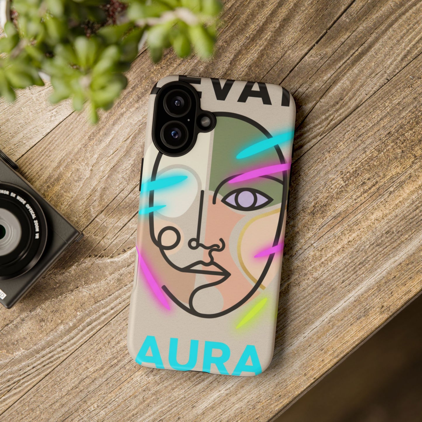 Custodia rigida per telefono Aura Neon Face — Cover protettiva artistica per iPhone